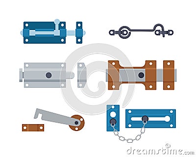 Set of metal gate latchs, door bolts, hooks and chain. Steel safety hardware. Vector Vector Illustration
