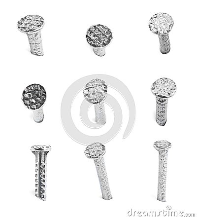 Set with metal nails on white background Stock Photo