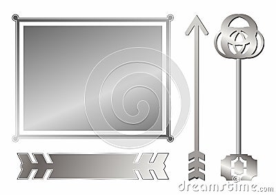 Set of metal objects (frame, banner, arrow, key) Vector Illustration