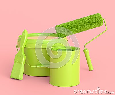 Set of metal and plastic buckets, paint roller and brush on monochrome Stock Photo