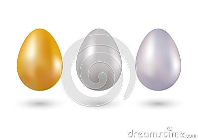 Set of metallic eggs gold, silver and platinum in 3d vector. Objects for creative design. Three shapes in golden, silver Vector Illustration