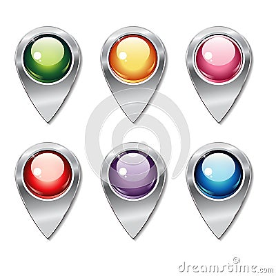 Set of metallic map pointers with colored shiny buttons Vector Illustration