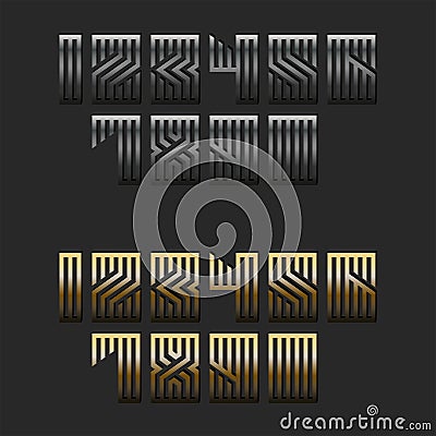 Set of metallic numbers monogram for modern trendy typography, linear calligraphy mathematics symbols, numbers linear shape from Vector Illustration