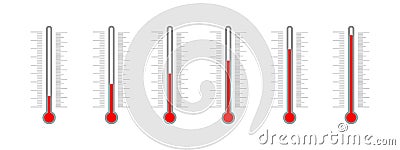 Set of meteorological thermometers with Celsius and Fahrenheit degree scales and glass tubes with different temperature Vector Illustration