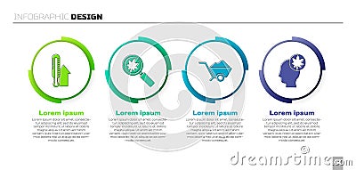 Set Meteorology thermometer, Magnifying glass with leaf, Wheelbarrow with dirt and Human head with leaf. Business Vector Illustration