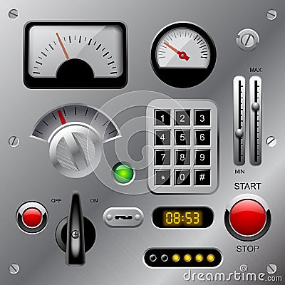 Set of meters, buttons and other machinery parts on metallic dashboard panel Vector Illustration