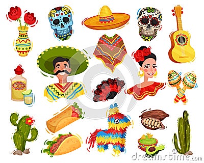 Set of Mexican culture symbols. Mexican man, woman, guitar, sugar skull, maraka, pinata, cactus, taco, burrito cartoon Vector Illustration