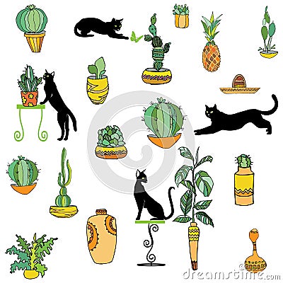 Set of mexican style illustration different cactuses, sombrero, pineapple, maraca, vases with national patterns and black cats. Vector Illustration