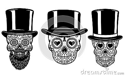 Set of mexican sugar skull in vintage hat and sunglasses. DAY OF THE DEAD. Design element for poster, greeting card, banner, t shi Vector Illustration