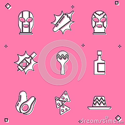 Set Mexican wrestler, Hot chili pepper pod, Tabasco sauce, Maracas, Tequila bottle, Avocado fruit and Nachos icon Vector Illustration