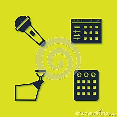 Set Microphone, Drum machine, Movie spotlight and icon. Vector Vector Illustration