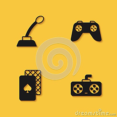 Set Microphone, Game controller or joystick, Playing cards and icon with long shadow. Vector Vector Illustration