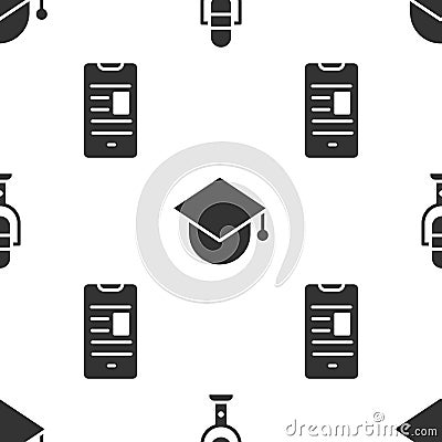 Set Microphone, Graduation cap on globe and Online book on mobile on seamless pattern. Vector Vector Illustration