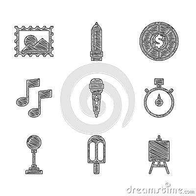 Set Microphone, Ice cream, Easel or painting art boards, Stopwatch, Joystick for arcade machine, Music note, tone Vector Illustration