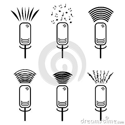 A set of microphone icons releasing a variety of sound waves. A image of microphones from which different sounds are erupte Vector Illustration