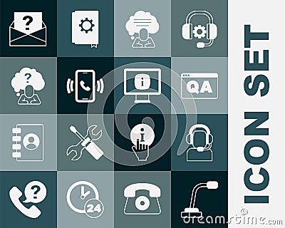 Set Microphone, Man with a headset, Question and Answer, Speech bubble chat, Telephone 24 hours support, Head question Vector Illustration