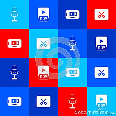 Set Microphone, MOV file, Online play video and Music or editing icon. Vector Vector Illustration