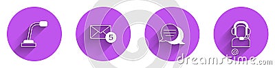 Set Microphone, New, email incoming message, Speech bubble chat and Man with headset icon with long shadow. Vector Vector Illustration