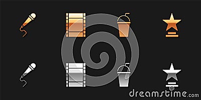 Set Microphone, Play Video, Paper glass with straw and Movie trophy icon. Vector Vector Illustration