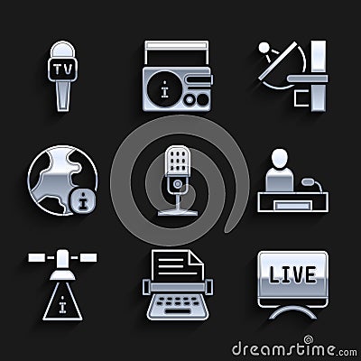 Set Microphone, Retro typewriter, Live report, Television, Satellite, World news, Radar and icon. Vector Vector Illustration