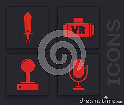 Set Microphone, Sword for game, Virtual reality glasses and Joystick for arcade machine icon. Vector Vector Illustration