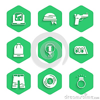 Set Microphone, Vinyl disk, Diamond ring, Drum machine music, Wide pants, Winter hat, Pistol or gun and Laptop with icon Vector Illustration
