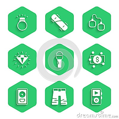 Set Microphone, Wide pants, Music player, Stacks paper money cash, CD disk award in frame, Diamond, Handcuffs and ring Vector Illustration