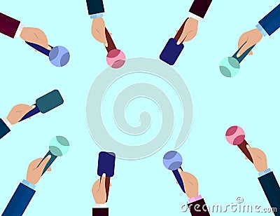 Set of Microphones. Journalism concept, Mass Media, TV, Interview, Breaking News, press conference concept. Microphones in reporte Vector Illustration