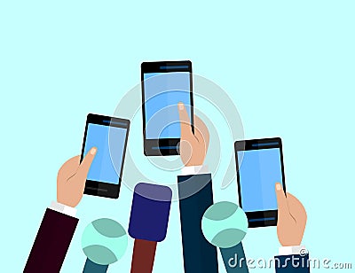 Set of Microphones and smartphones. Journalism concept, Mass Media, TV, Interview, Breaking News, press conference concept. Microp Vector Illustration