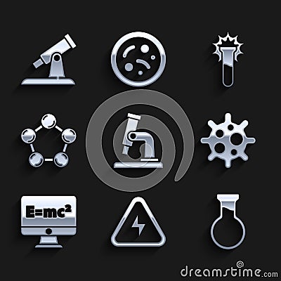 Set Microscope, High voltage, Test tube and flask, Virus, Equation solution, Molecule, and Telescope icon. Vector Stock Photo