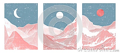 Set of Mid century modern minimalist art print. Abstract mountain contemporary aesthetic backgrounds landscapes Vector Illustration