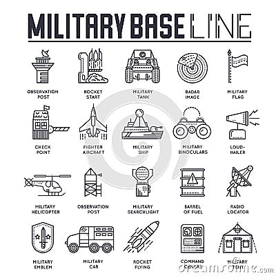 Set of military base thin line icons, pictograms. Vector Illustration