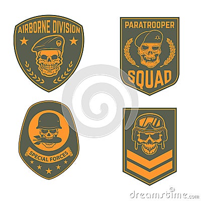 Set of military emblems templates. Skull in paratrooper beret. S Vector Illustration