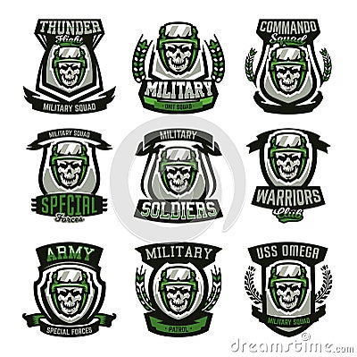 Set of military logos, emblems. Skull, helmet, glasses, soldier, ammunition. Vector illustration, printing on T-shirts. Vector Illustration