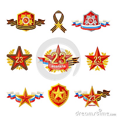 Set of military objects related to 23 February. Vector Illustration