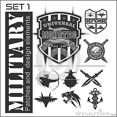 Set of military patches logos, badges and design elements. Graphic template. Vector Illustration