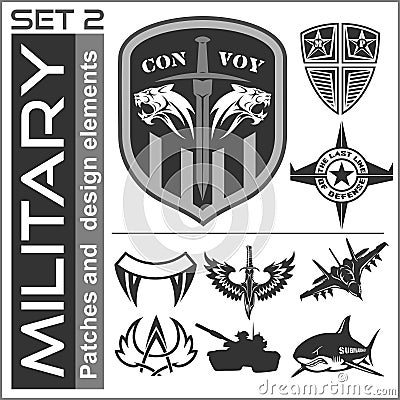 Set of military patches logos, badges and design elements. Graphic template. Vector Illustration