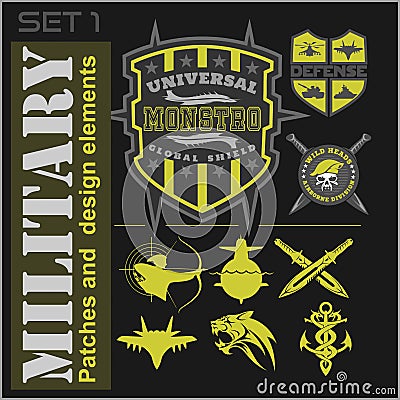 Set of military patches logos, badges and design elements. Graphic template. Vector Illustration