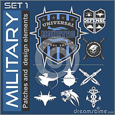 Set of military patches logos, badges and design elements. Graphic template. Vector Illustration