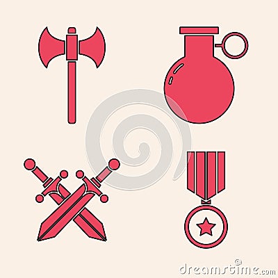 Set Military reward medal, Medieval axe, Hand grenade and Crossed medieval sword icon. Vector Vector Illustration