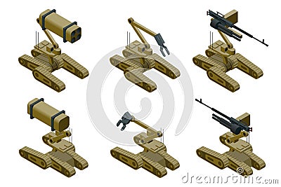 Set of a Military robots of khaki color on white background. Isolated isometric vector illustration Vector Illustration