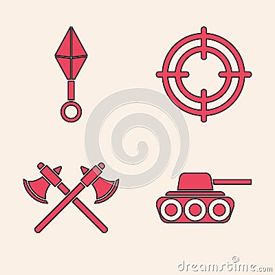 Set Military tank, Japanese ninja shuriken, Target sport and Crossed medieval axes icon. Vector Vector Illustration