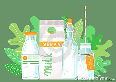 Set of milk packages, containers, natural organic free dairy product, vegan milk in glass bottles Vector Illustration