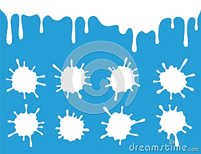 Set of milk splashes, drops in flat style. Yogurt splatters, paint stains collection. Running or dripping Vector Illustration