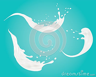 Set of milk splashes vector isolated over blue background. pouring white liquid or dairy products. Cream, yogurt fall Vector Illustration