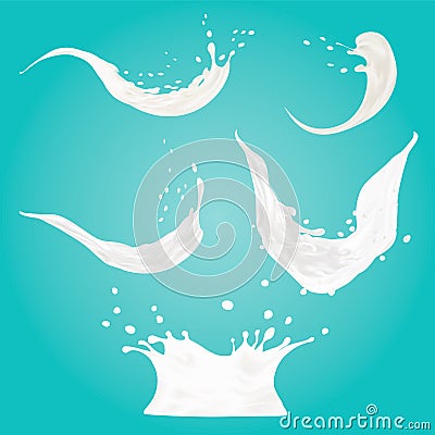Set of milk splashes vector isolated over blue background. pouring white liquid or dairy products. Cream, yogurt fall Vector Illustration