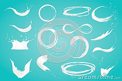 Set of milk splashes vector isolated over blue background. pouring white liquid or dairy products. Cream, yogurt fall Vector Illustration