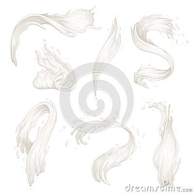 Set of milk splashes and waves. White streams of different shapes Vector Illustration