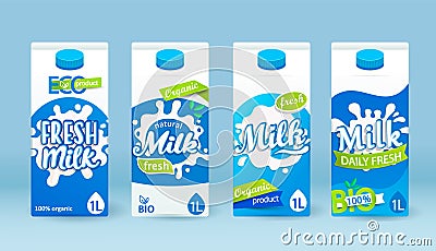 Set of milk tetra pack with different labels. Vector Illustration