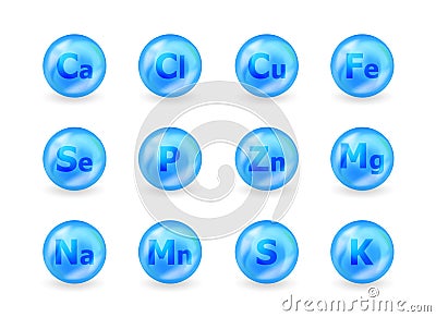 Set of mineral complex. Mineral K, Cl, Ca, Cu, Mn, Na, Fe, Mg, Se, Zn, S, P. Multimineral pill capsule supplement Vector Illustration